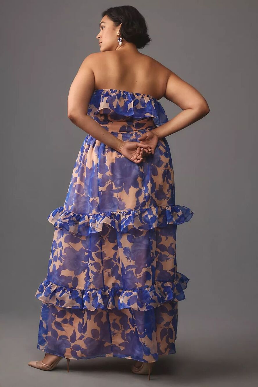 Anthropologie Strapless Tiered Maxi Dress Blue Floral 1X NO BELT, NEW - Picture 3 of 5